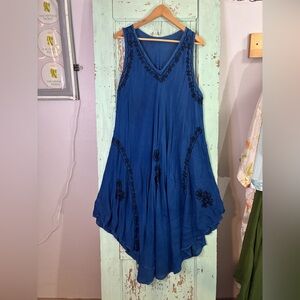 Blue Sleeveless Dress with Black Embroidery